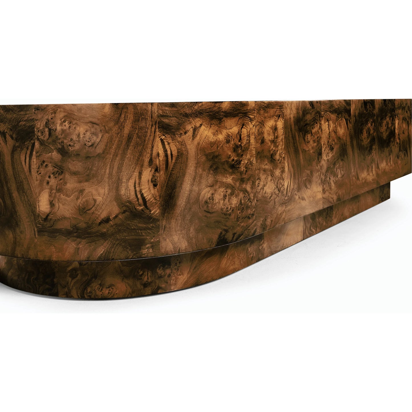 011 SI-2186353 | Closeup | Jacques Radius Cocktail Table by Jonathan Charles in brown and walnut burl. Made from book match walnut burl veneer in a modern style.