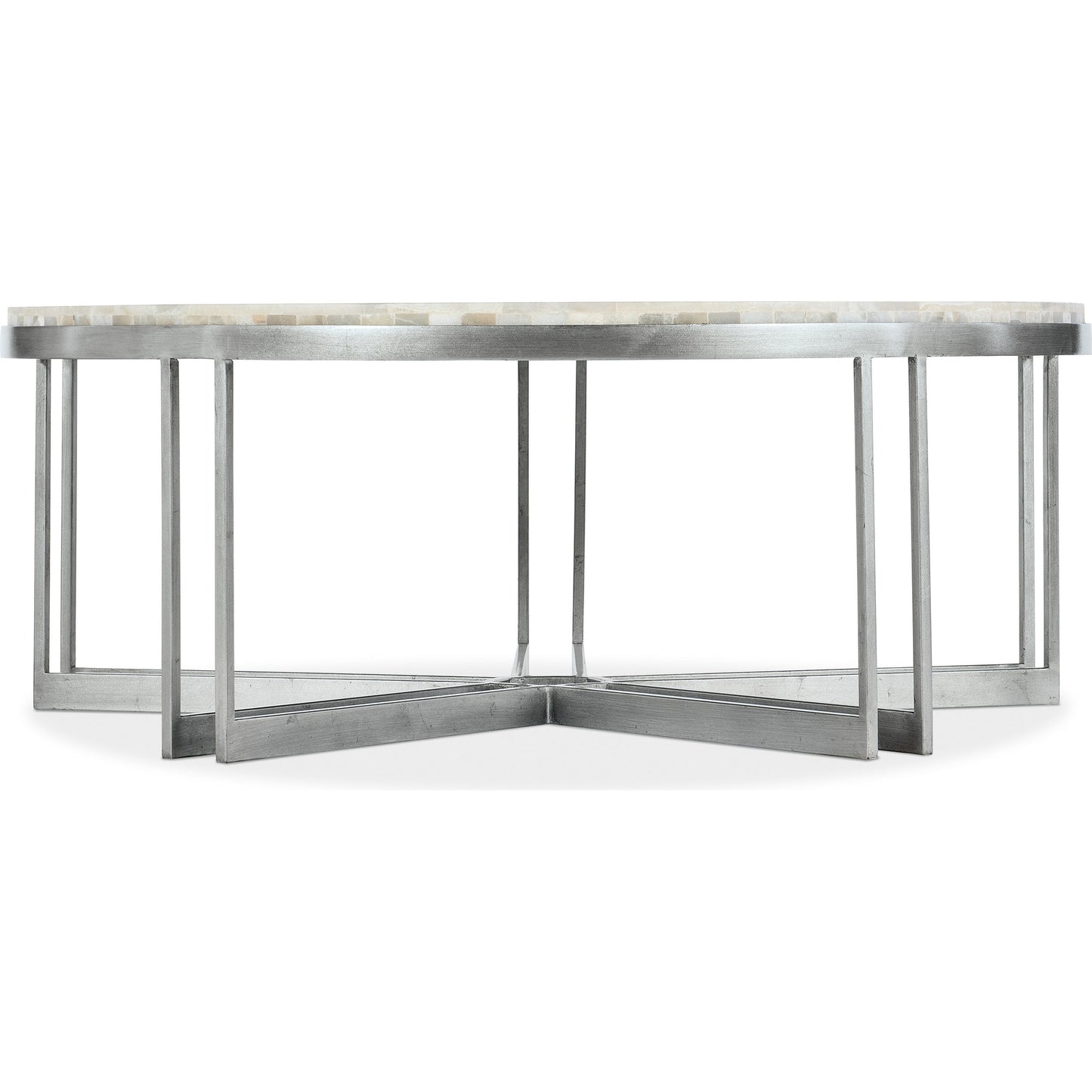 002 SI-1873156 | Additional Silo | Melange Marin Round Cocktail Table by Hooker Furniture in silver. Made from tumbles white onyx with carbon steel metal in a transitional style.