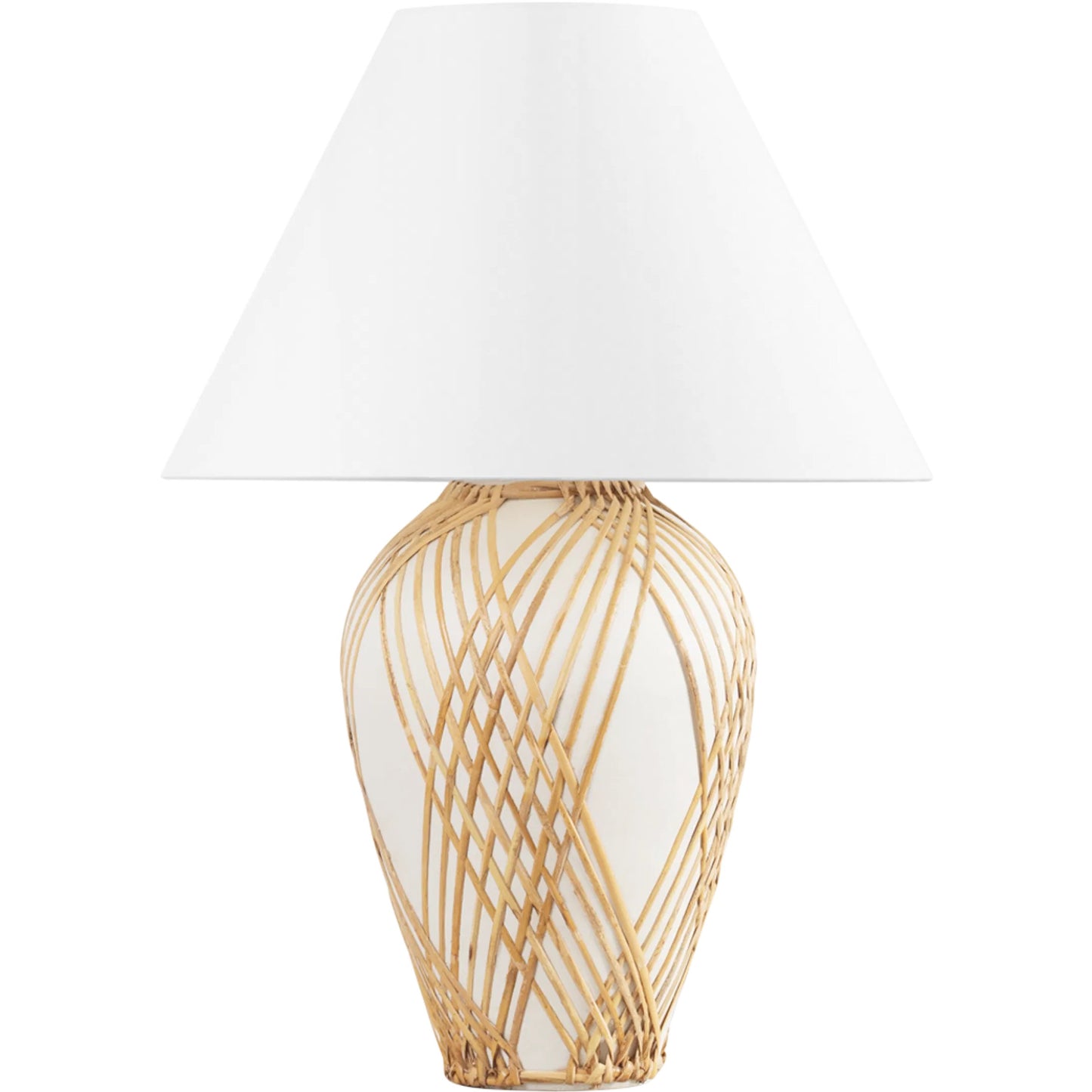001 SI-2335642 | Primary Silo | Bayonne Table Lamp by Hudson Valley in vintage gold leaf, ceramic white with rattan. Made from ceramic in a rustic style.