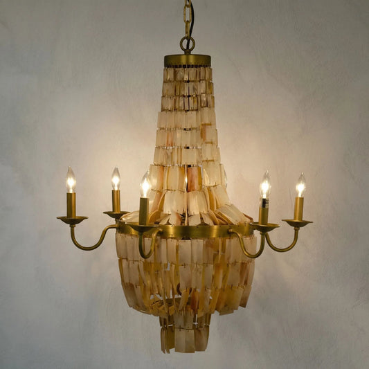 Bijou Chandelier by Noir in antique brass. Made from metal, shell in a traditional style.