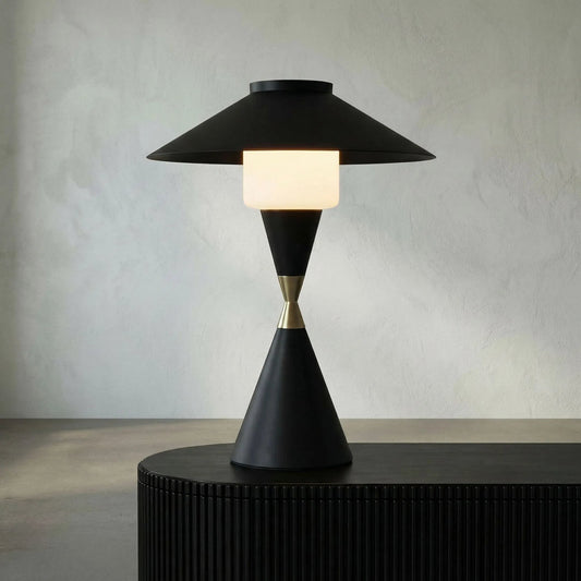 Lucia Table Lamp by Noir in black, brass detail. Made from metal in a modern style.