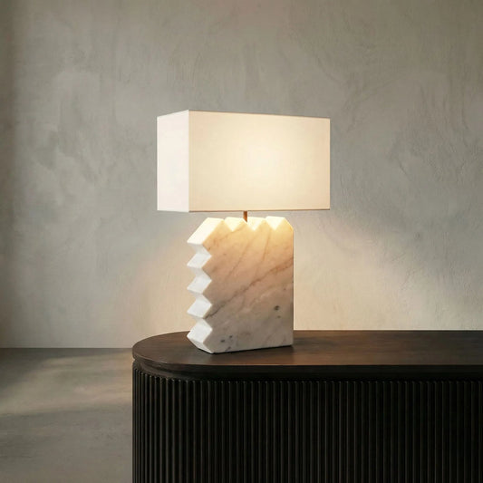 Gaheris Table Lamp by Noir in waxed white marble. Made from with silk shade in a modern style.