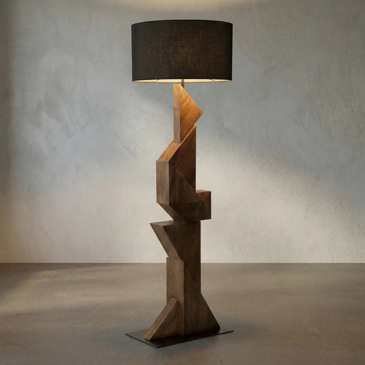 Enigma I Floor Lamp with Shade by Noir in dark walnut, black shade. Made from walnut, iron, silk shade in a unique style.