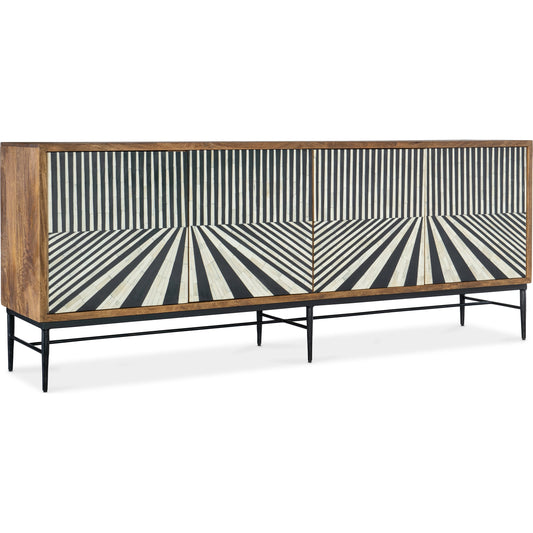 Commerce and Market Linear Perspective Credenza by Hooker Furniture in medium wood, black & white bone inlay. Made from mango solids, bone, iron in a modern style.