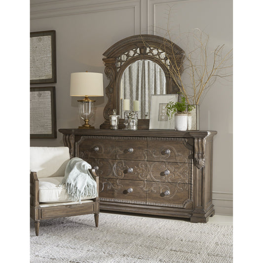 Vintage Salvage Wren Dresser by A.R.T. Furniture in brown and walnut. Made from parawood solids in a traditional style.