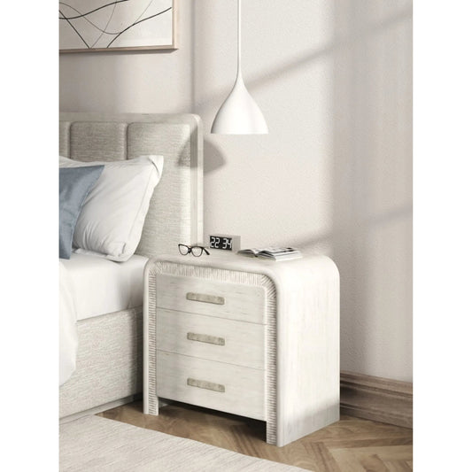 Ashlar Nightstand by A.R.T. Furniture in bisque, sanded bronze. Made from parawood solids, birch veneers, resin, metal in a transitional style.