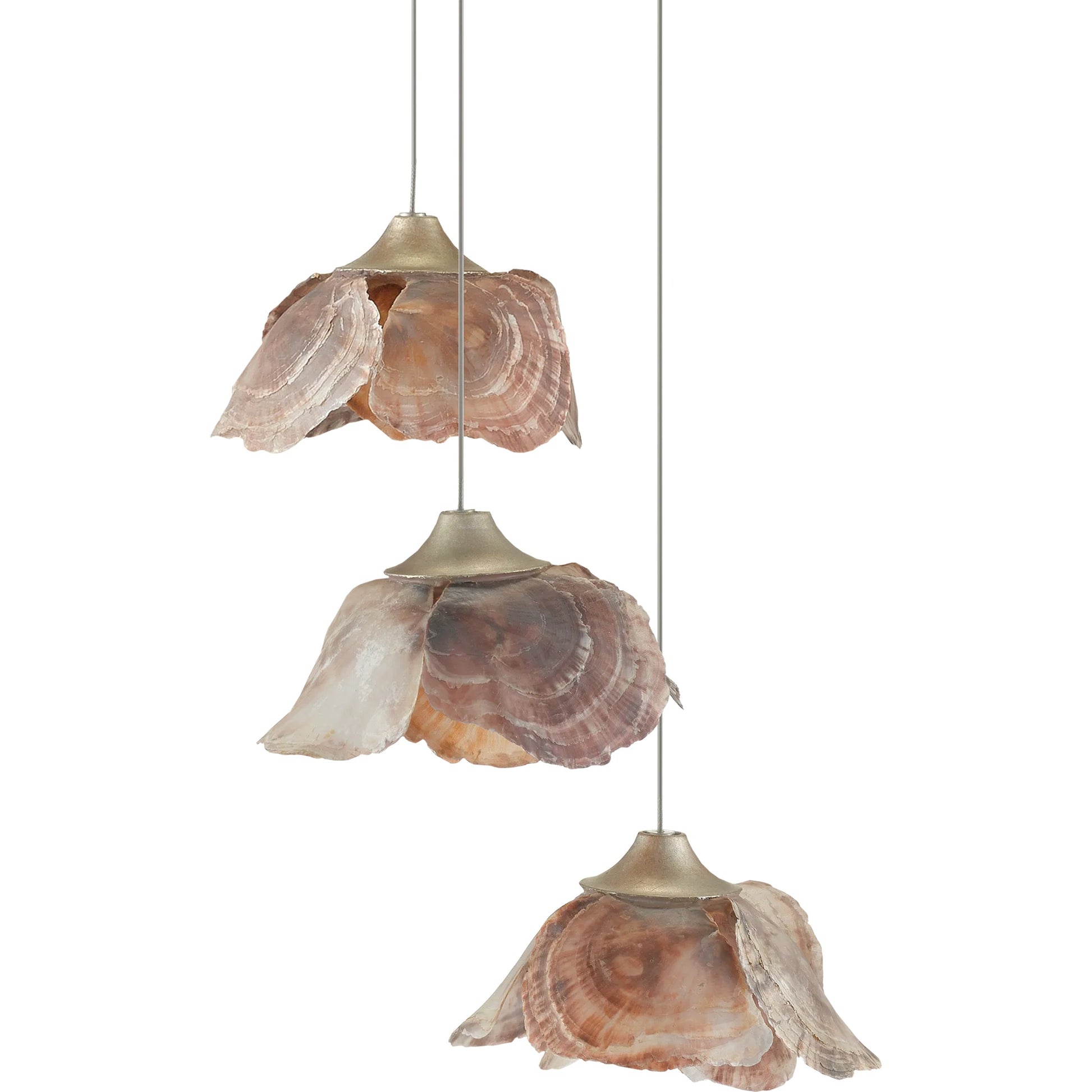Catrice Pendant by Currey and Company in painted silver, contemporary silver leaf, natural shell. Made from capiz shell, wrought iron in a coastal style.