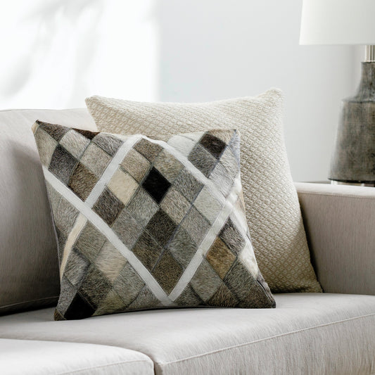 Lycaon Pillow - 17929 by Surya in taupe, charcoal, wheat, dark brown, medium gray, ivory. Made from front: 100% hair on hide, back: 100% microsuede in a rustic style.