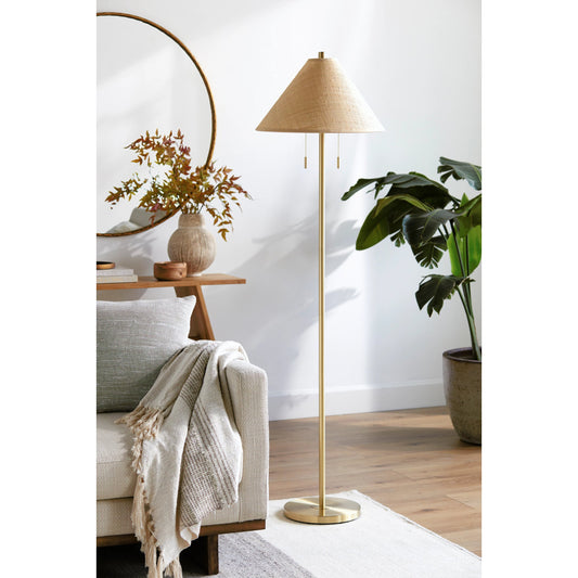Lacona - 492805 by Surya in tan, gold, translucent, metallic gold, white, metallic brass and brushed. Made from body: steel, base: steel, shade (outside): paper, shade (inside): paper, finial: metal in a modern style.