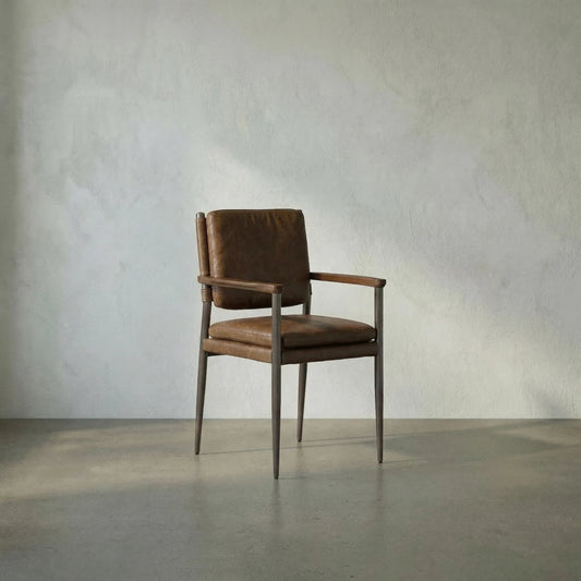 Wooster Dining Chair with Arms by Noir in steel grey powder coat, dark walnut, cuba brown leather. Made from industrial steel, top grain leather in a traditional style.