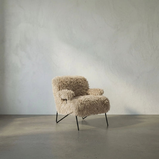 Exeter Lounge Chair by Noir in coffee. Made from vegan fur, industrial steel in a modern style.