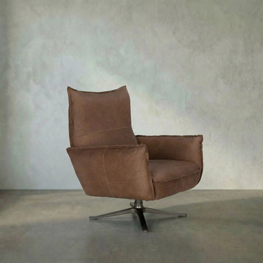 Lawrenceville Swivel Chair by Noir in brown leather. Made from leather, industrial steel in a traditional style.