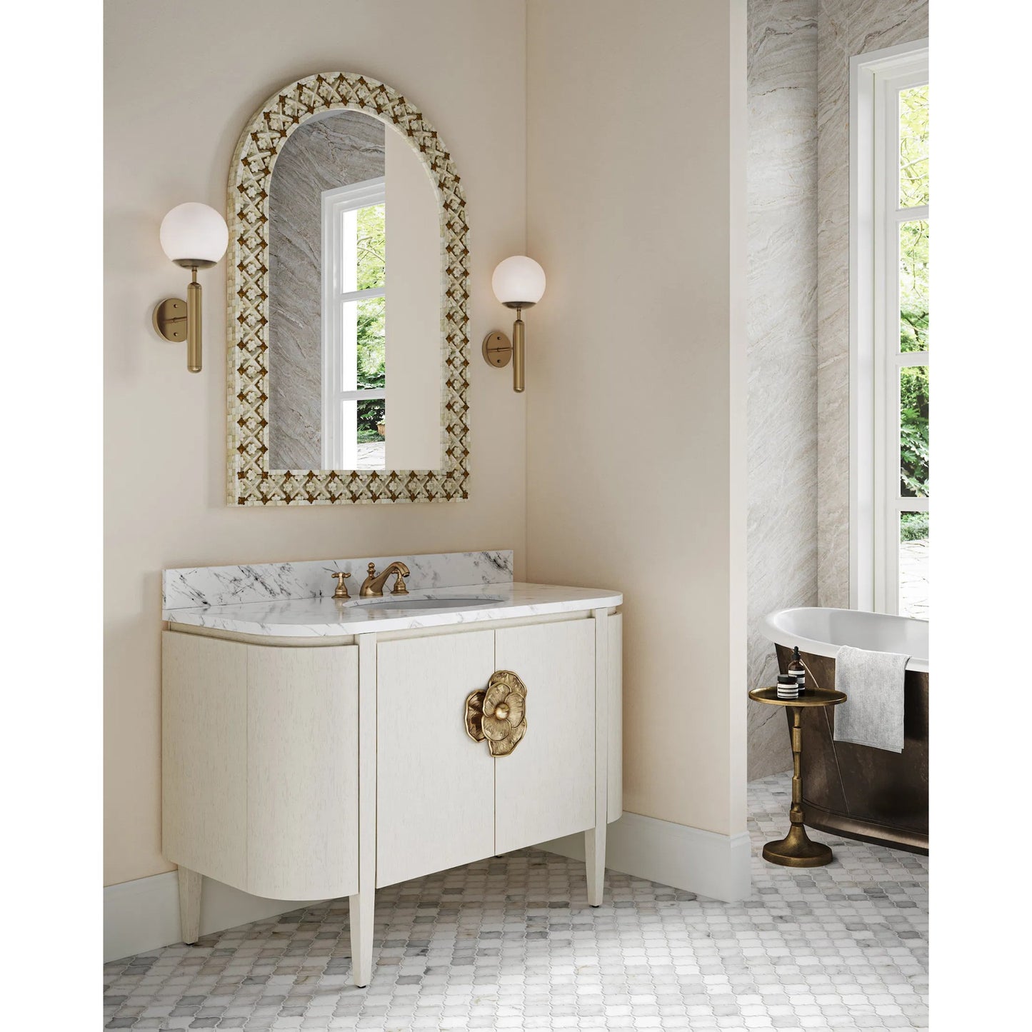 007 SR-823563 | Lifestyle | Ellaria Mirror by Currey and Company in natural bone, brass, mirror. Made from bone, brass, glass in a eclectic & global style.