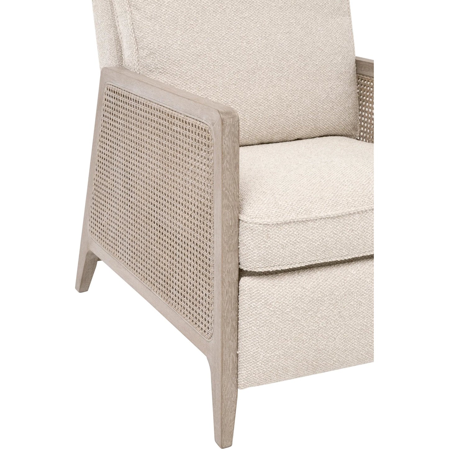 012 SI-2374649 | Closeup | Leone Recliner by Essentials For Living in livesmart gellar, linen, natural gray oak, cane. Made from solid oak wood, rattan in a transitional style.