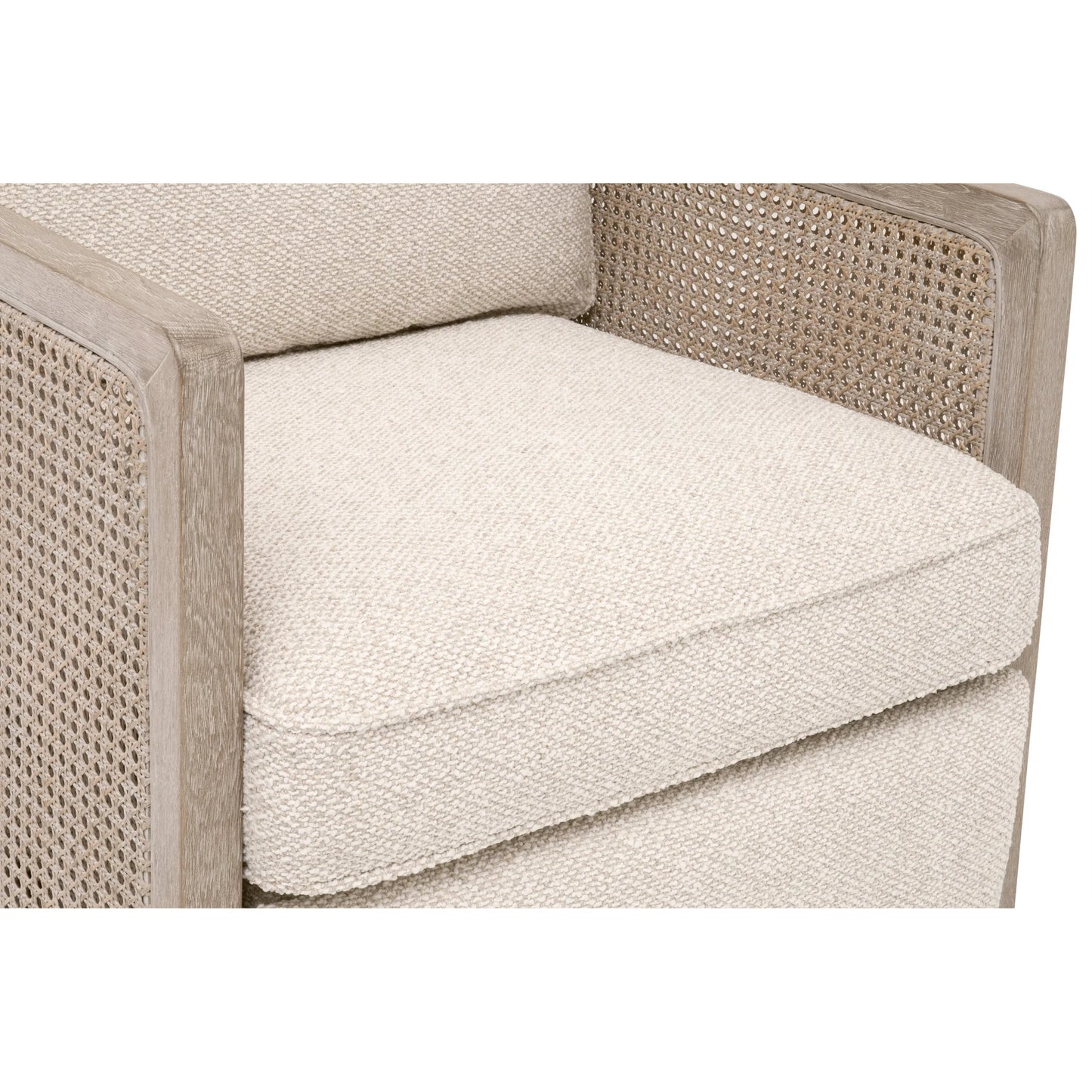 014 SI-2374649 | Closeup | Leone Recliner by Essentials For Living in livesmart gellar, linen, natural gray oak, cane. Made from solid oak wood, rattan in a transitional style.