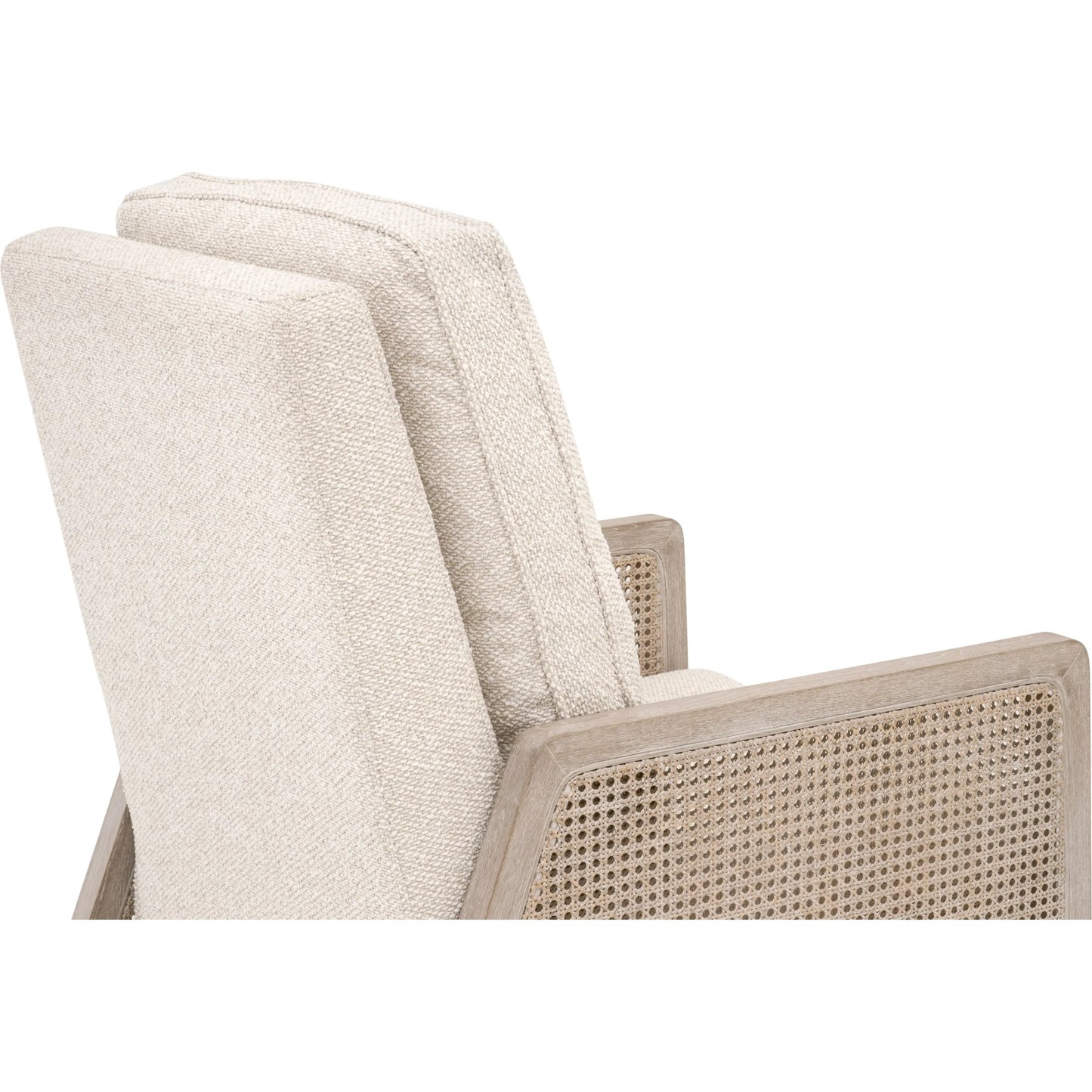 011 SI-2374649 | Closeup | Leone Recliner by Essentials For Living in livesmart gellar, linen, natural gray oak, cane. Made from solid oak wood, rattan in a transitional style.