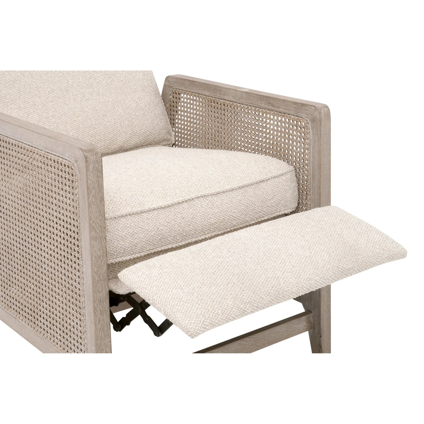 015 SI-2374649 | Closeup | Leone Recliner by Essentials For Living in livesmart gellar, linen, natural gray oak, cane. Made from solid oak wood, rattan in a transitional style.