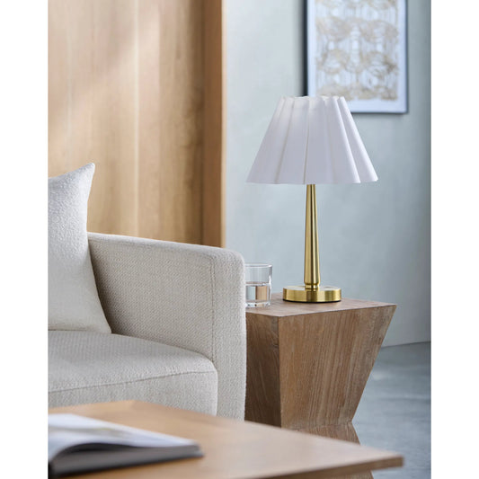 Leynar Accent Table Lamp by Livabliss in brass and plated. Made from iron, linen, polystyrene in a modern style.