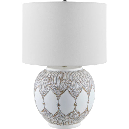 Lafia Accent Table Lamp 624843 by Surya in white, translucent, metallic nickel and paintedpainted. Made from resin, linen, plastic, iron in a modern style.
