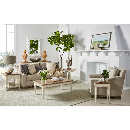 Palisade Round End Table by A.R.T. Furniture in white and vintage white, vintage hickory. Made from poplar and parawood solids, hickory veneers, resin in a modern style.