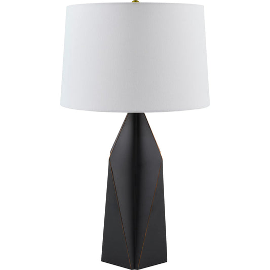 Lagdo Accent Table Lamp  624796 by Livabliss in body: black; shade: white; finial: metallic - brass; harp: metallic - gold; cord: translucent and paintedplated. Made from iron, linen, plastic in a modern style.