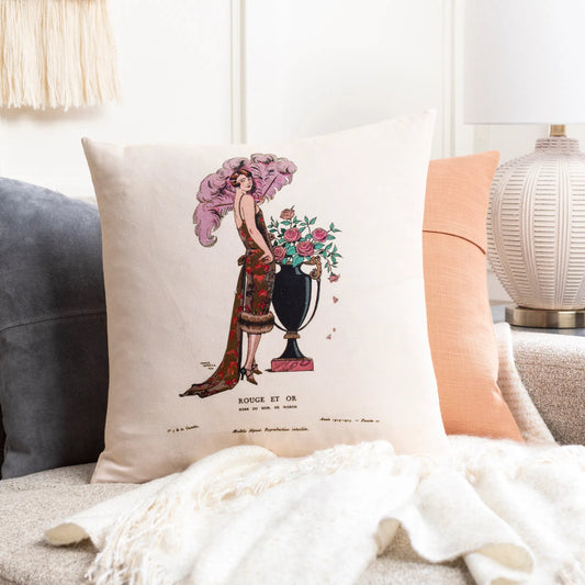 La Guirlande Pillow - 33471 by Surya in black, light brown, dusty pink, peach, rust, emerald. Made from 100% cotton in a cottage & farmhouse style.