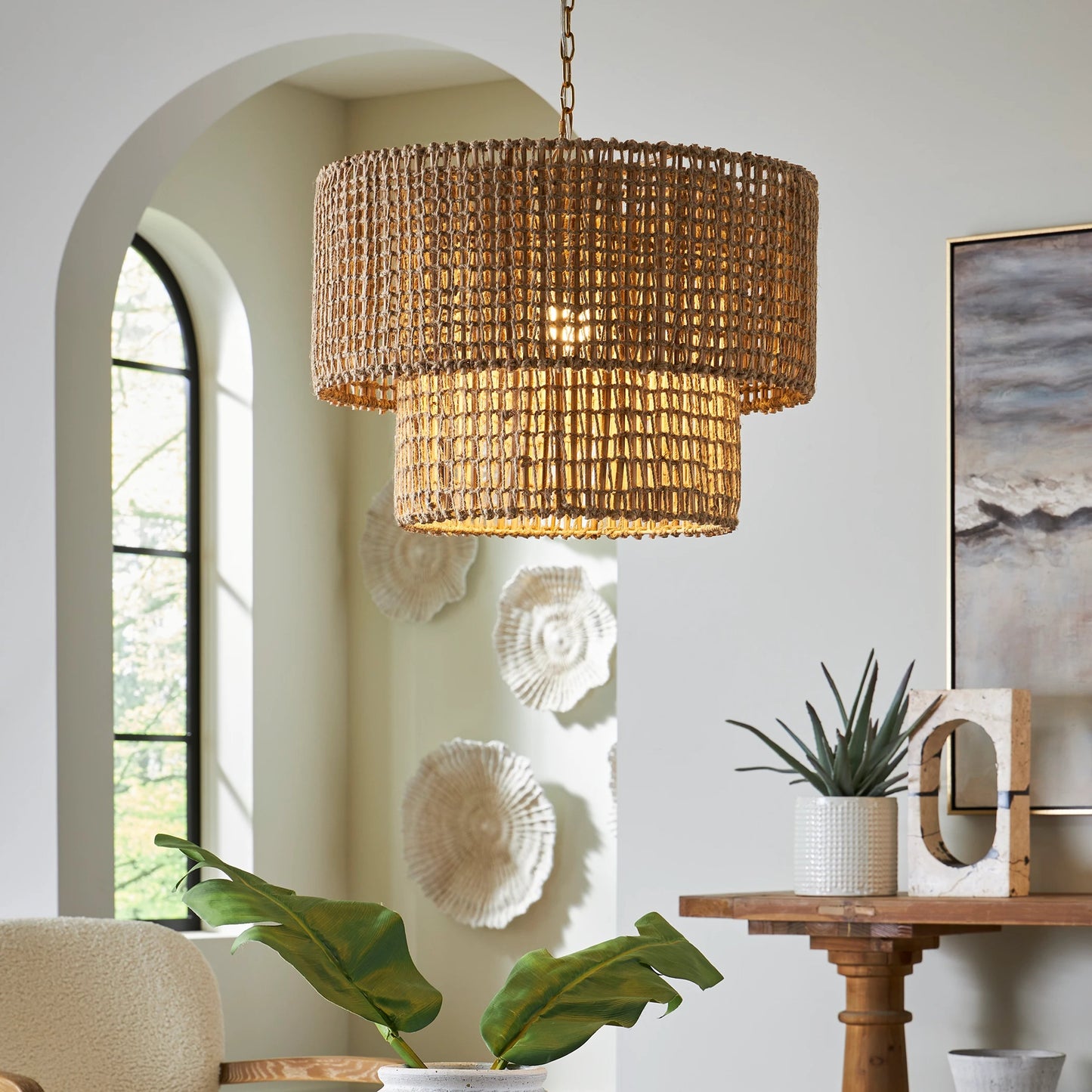 007 SI-2108099 | Lifestyle | Biswas Woven Jute 1 Light Pendant by Uttermost in brass. Made from iron, jute in a coastal style.