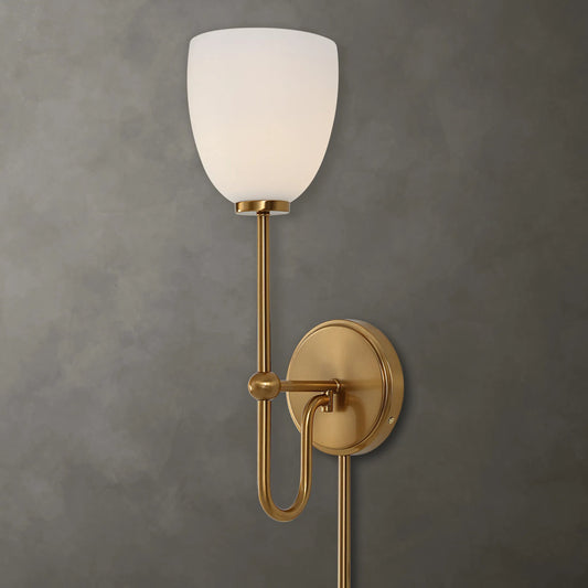 Trophy 1 Light Sconce by Uttermost in brass. Made from steel, glass in a traditional style.
