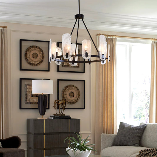 Ellipse 10 Light Chandelier by Uttermost in dark bronze. Made from steel, glass in a traditional style.