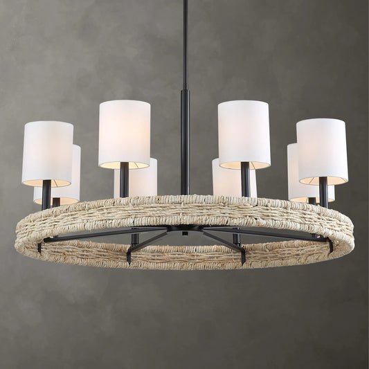Faiyam 8 Light Rattan Chandelier by Uttermost in dark bronze. Made from steel, rattan, fabric in a rustic style.