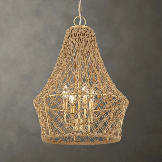 Macrame 4 Light Rope Pendant by Uttermost in natural and gold. Made from rattan, iron in a rustic style.