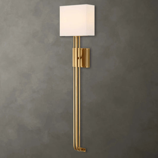 Trenton 2 Light Sconce by Uttermost in brass. Made from iron, fabric in a modern style.
