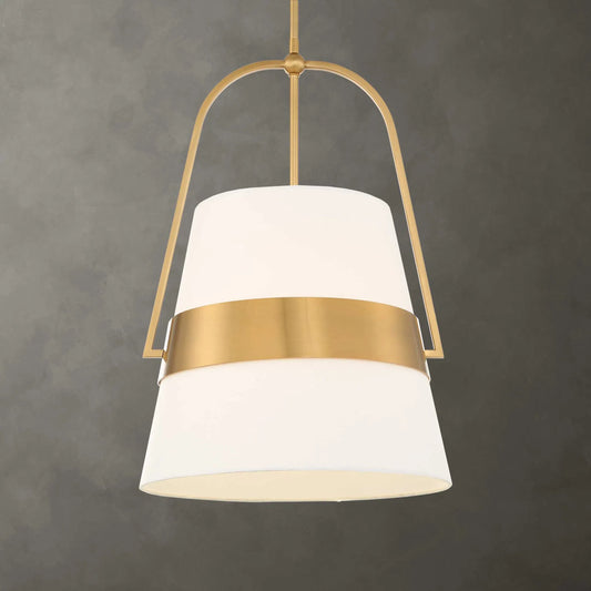 Harness 1 Light Shade Pendant by Uttermost in brass, white. Made from iron, fabric in a transitional style.