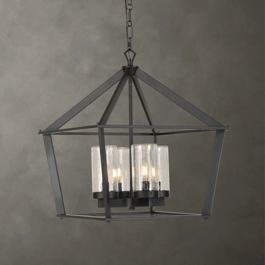 Evanston 4 Light Indoor/Outdoor Pendant by Uttermost in black and black. Made from opal glass in a unique style.