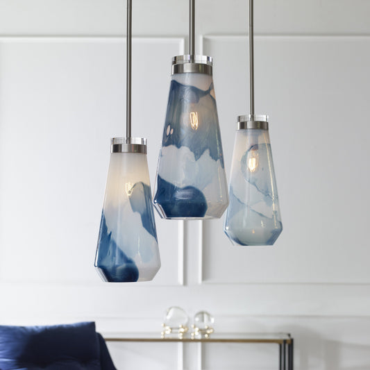 Windswept Mini Pendant by Uttermost in blue. Made from steel, glass, crystal in a modern style.