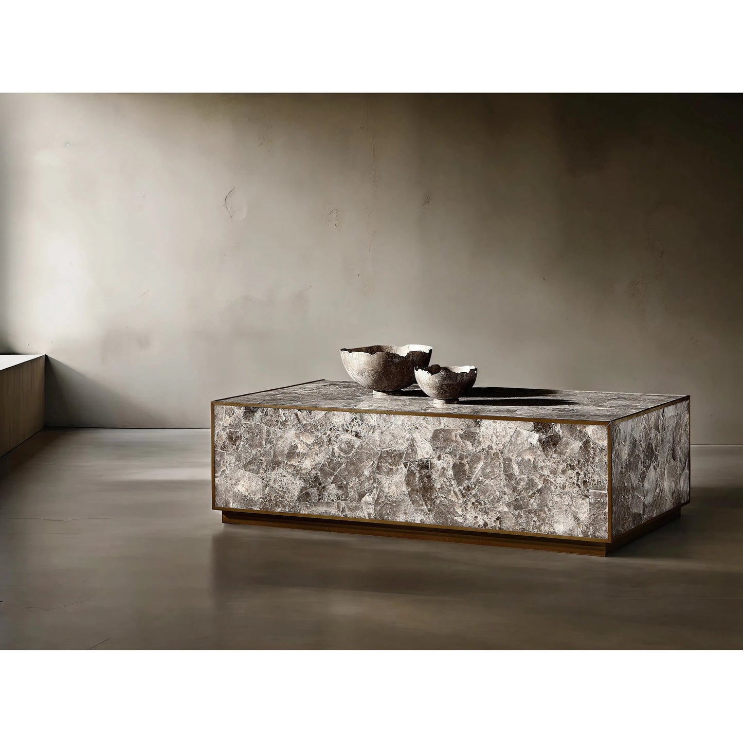 006 SI-2513388 | Lifestyle | Tildon Cocktail Table by Bernhardt in smokey quartz, aged brass. Made from stone, metal in a modern style.