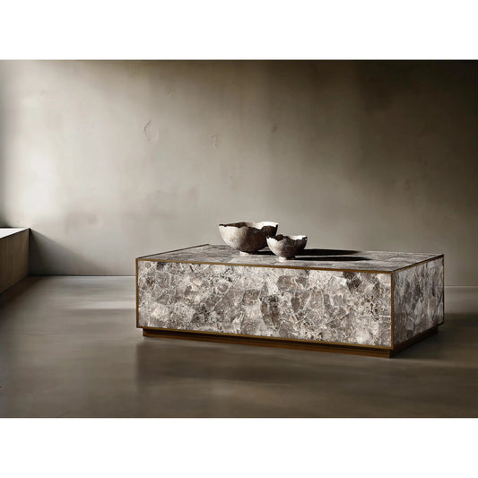 Tildon Cocktail Table by Bernhardt in smokey quartz, aged brass. Made from stone, metal in a modern style.