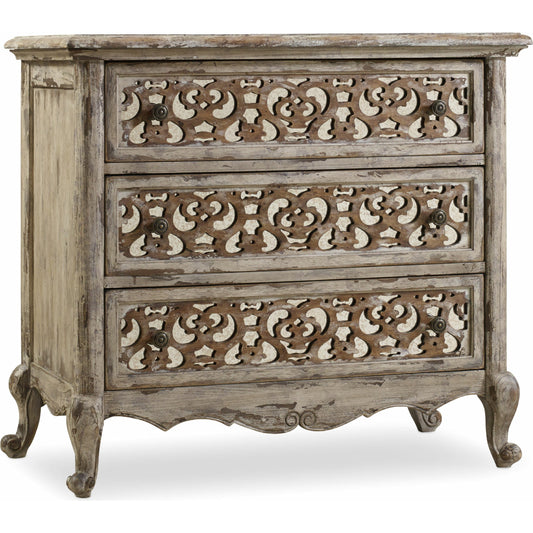 Chatelet Fretwork Nightstand by Hooker Furniture. Made from pecan veneer, resin, wallpaper, solid-wood edge top in a traditional style.