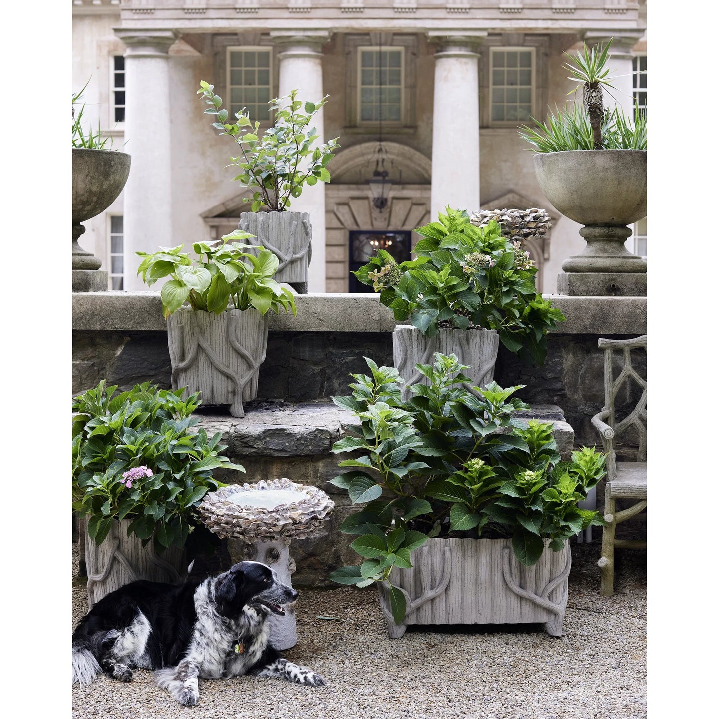 015 SI-1998784,SI-1998785 | Lifestyle | Faux Bois Planter by Currey and Company in portland, faux bois. Made from concrete, iron in a rustic style.