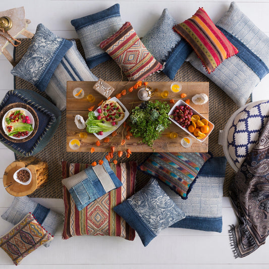 Lola Pillow - 18794 by Livabliss in cream, pale blue, navy. Made from 100% cotton in a eclectic & global style.