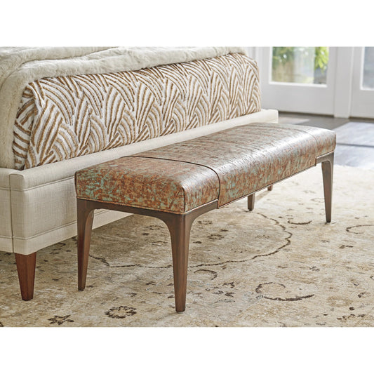 Savile Leather Bench by Lexington in brown, orange and dark brown. Made from walnut, fabric in a unique style.