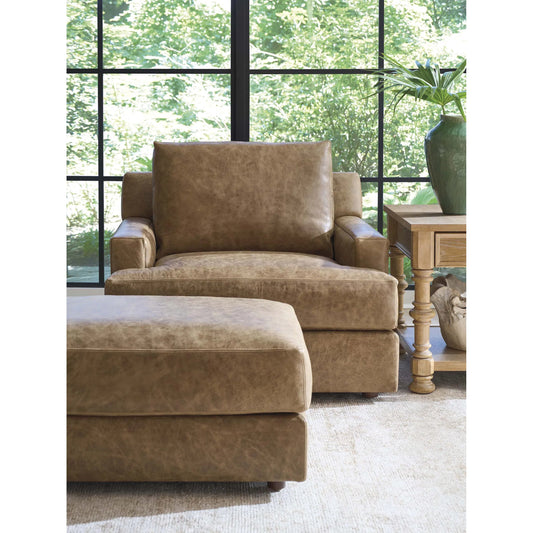 Millington Leather Ottoman by Barclay Butera in brown. Made from mahogany, leather in a unique style.