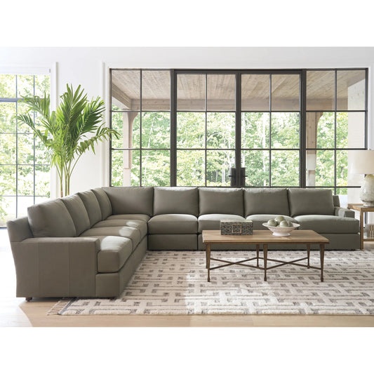 Millington Leather Sectional by Barclay Butera in green. Made from mahogany, leather in a unique style.
