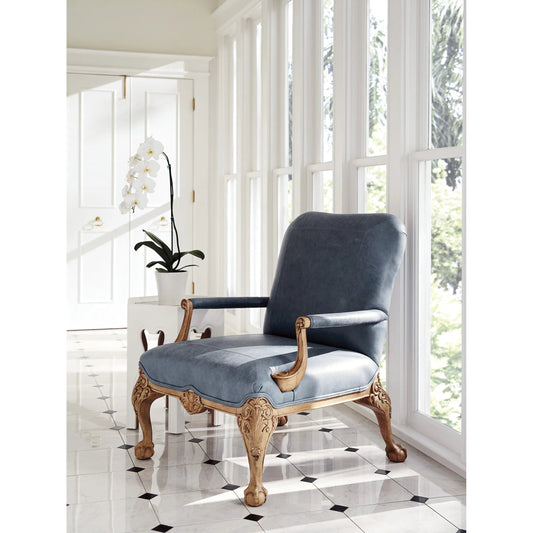 Hollis Leather Chair by Barclay Butera in blue. Made from mahogany, leather in a unique style.