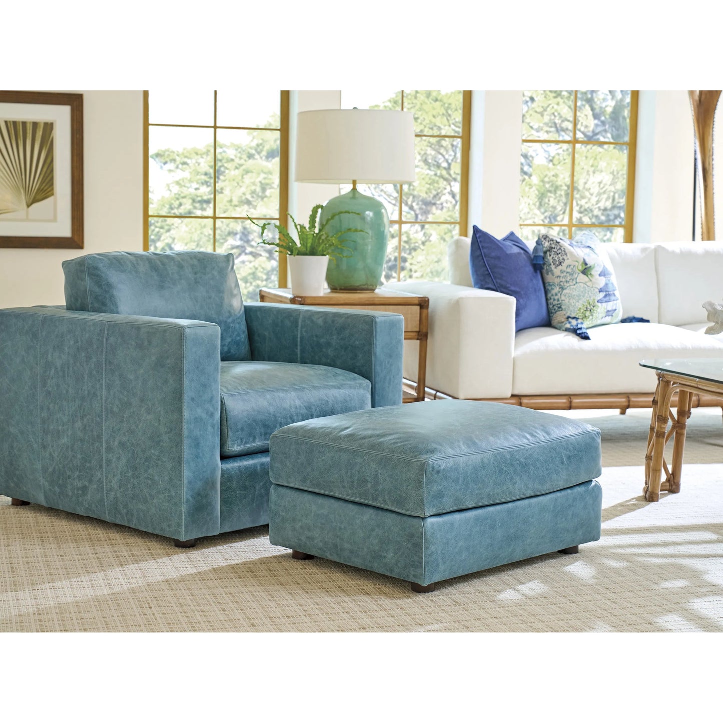 002 SI-2371358 | Lifestyle | Granville Leather Ottoman by Tommy Bahama Home in leather. Made from unique in a traditional style.