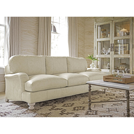 Gilmore Leather Sofa by Tommy Bahama Home in white, ivory and white. Made from mahogany, fabric in a unique style.