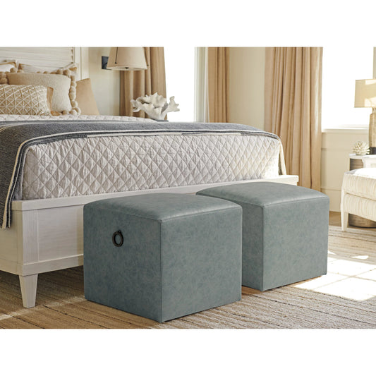Jupiter Leather Ottoman by Tommy Bahama Home in blue, aqua. Made from mahogany, fabric in a unique style.