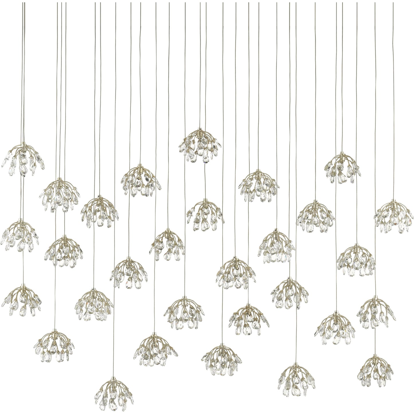 008 SR-890082 | Closeup | Crystal Bud Linear Pendant by Currey and Company in painted silver, contemporary silver leaf. Made from crystal, wrought iron in a transitional style.