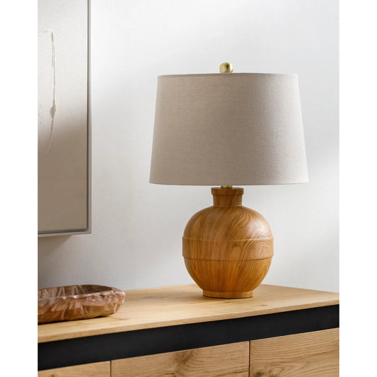 Lommi Accent Table Lamp - 5312841 by Livabliss in body: brown, shade (outside): wheat, shade (inside): white, finial: metallic - brass, harp: metallic - brass, cord: translucent and paintedelectroplated. Made from resin, linen,