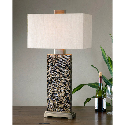 Canfield Table Lamp by Uttermost in bronze. Made from metal, resin, fabric in a modern style.
